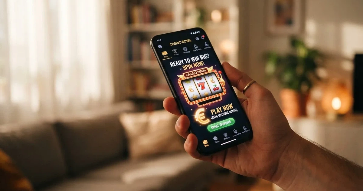 Nahaufnahme einer Hand, die ein Smartphone mit einer App-Startseite hält, im Hintergrund unscharf ein Wohnzimmer.