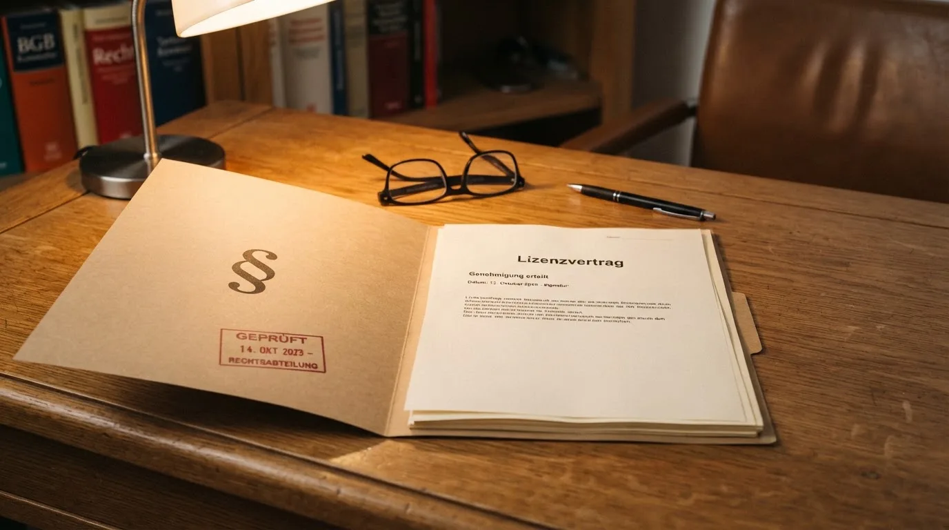 Symbolbild eines Aktenordners mit Paragraphenzeichen und einem Stempel auf einem Schreibtisch.